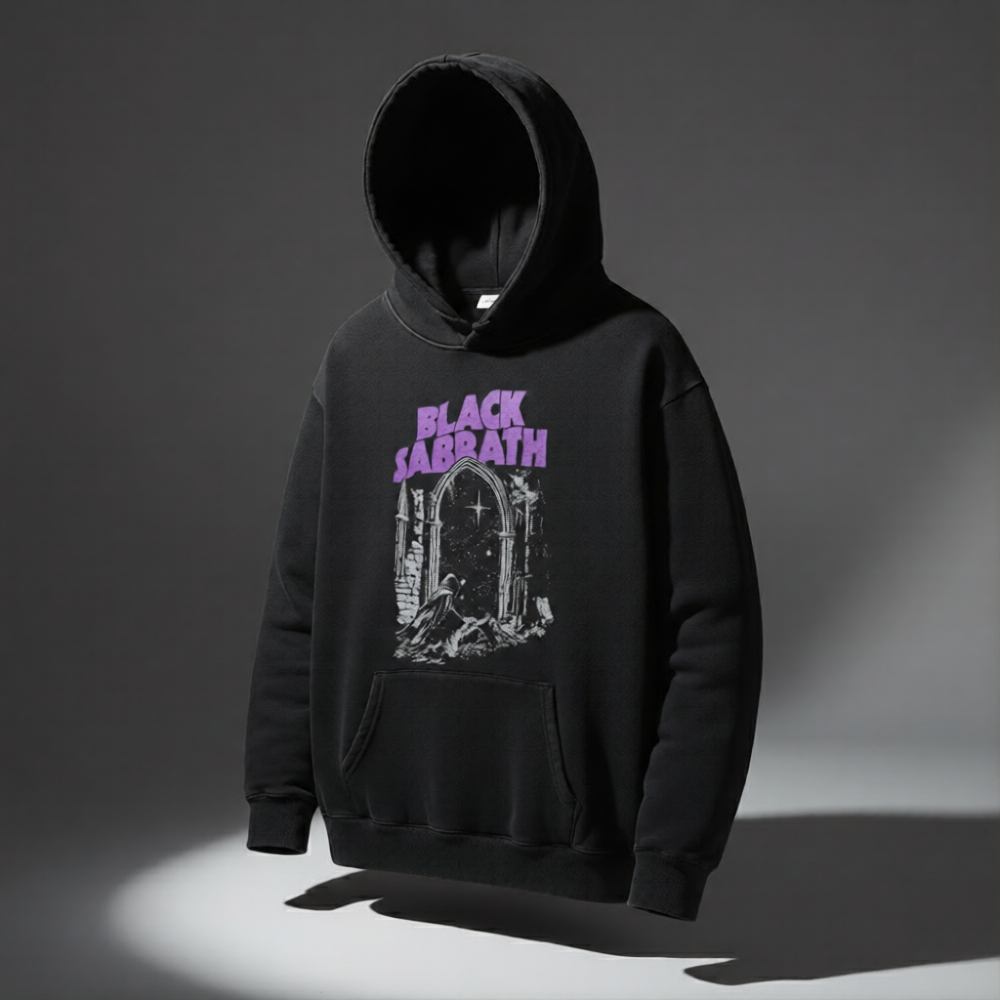 Black hoodie with 'Black Sabbath' logo on a gray background