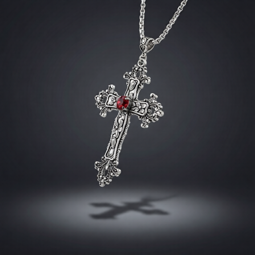Silver cross pendant with a red gemstone on a dark background