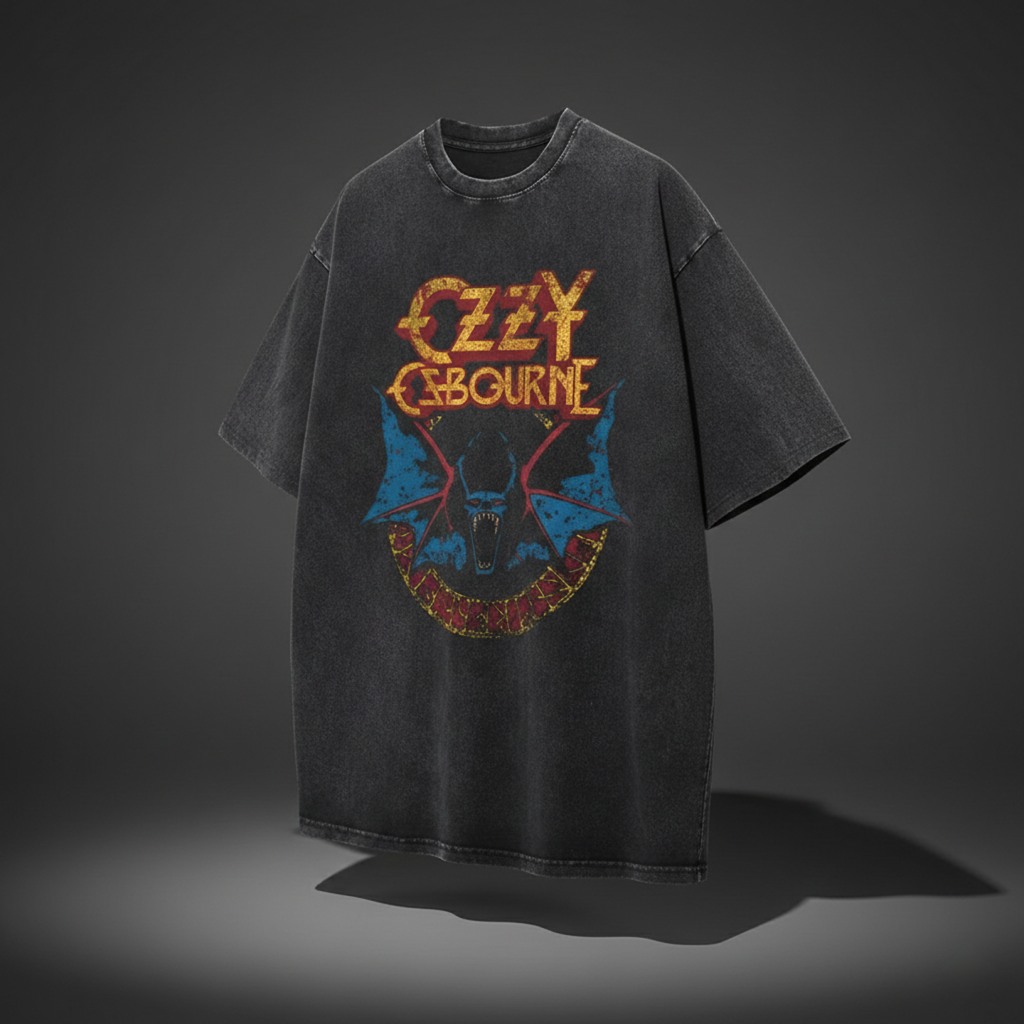 Black t-shirt with Ozzy Osbourne logo on a dark background