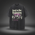 Black t-shirt with 'Back to the Beginning' graphic design on a dark background