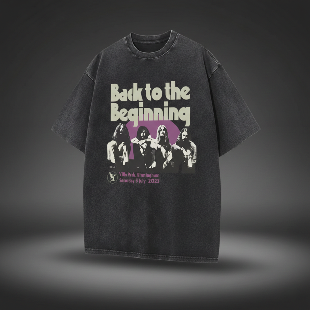 Black t-shirt with 'Back to the Beginning' graphic design on a dark background