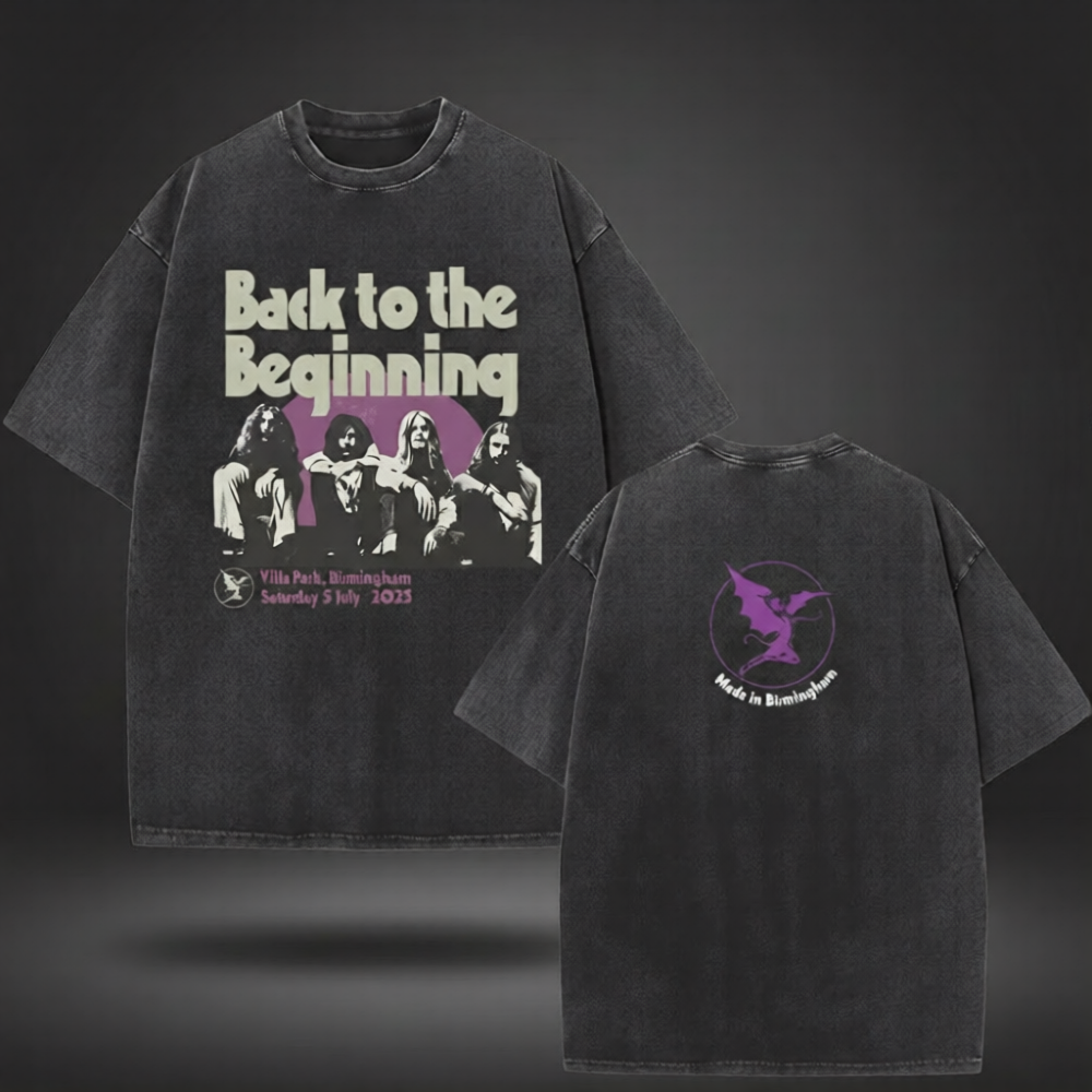 Black t-shirt with 'Back to the Beginning' graphic design on a dark background