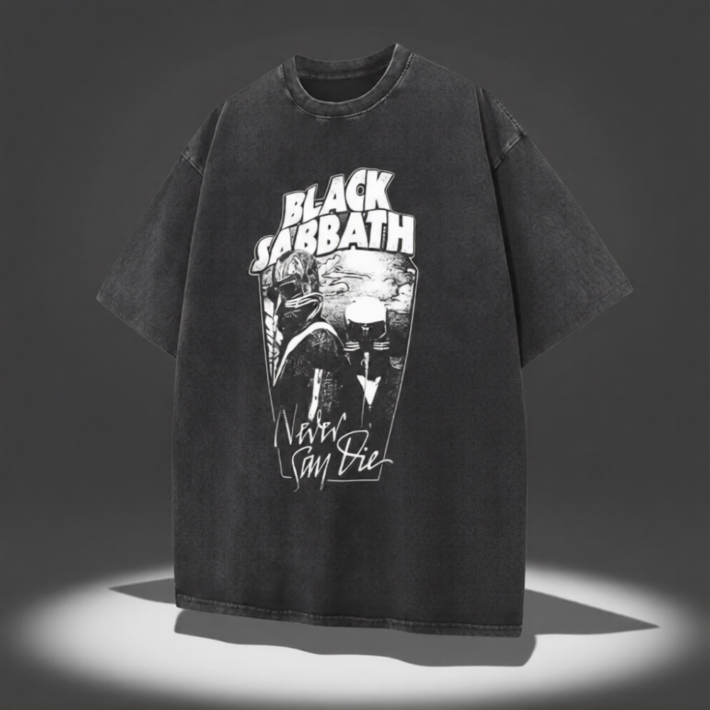 Black t-shirt with Black Sabbath graphic design on a dark background