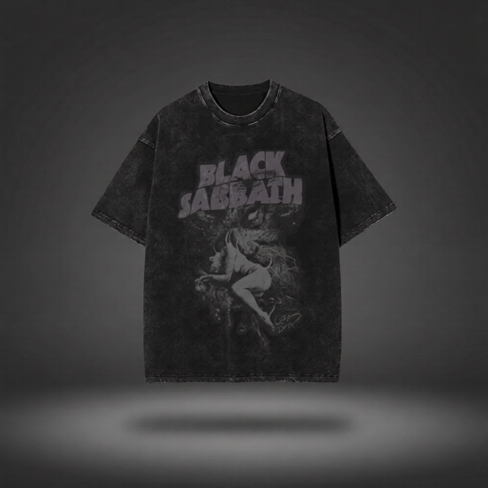 Black Sabbath t-shirt with graphic design on a dark background