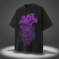Black t-shirt with purple 'Black Sabbath' logo on a dark background