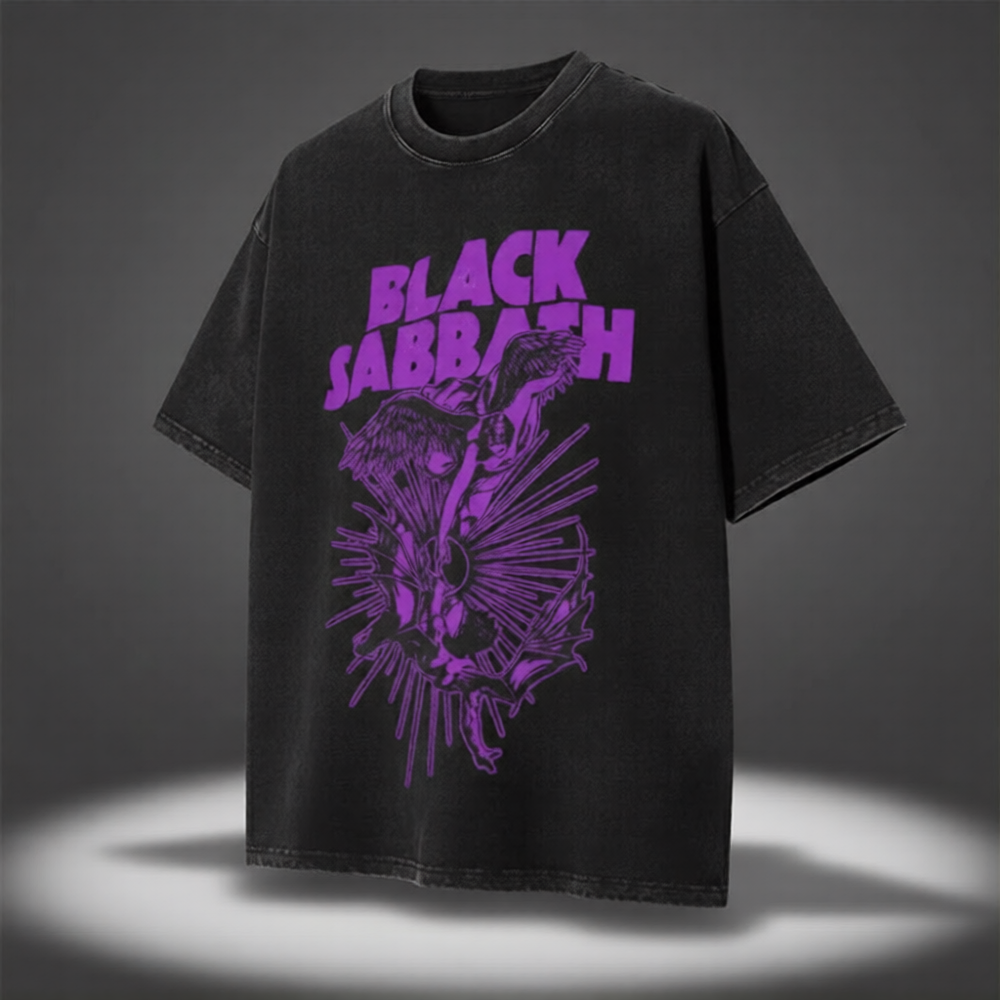 Black t-shirt with purple 'Black Sabbath' logo on a dark background