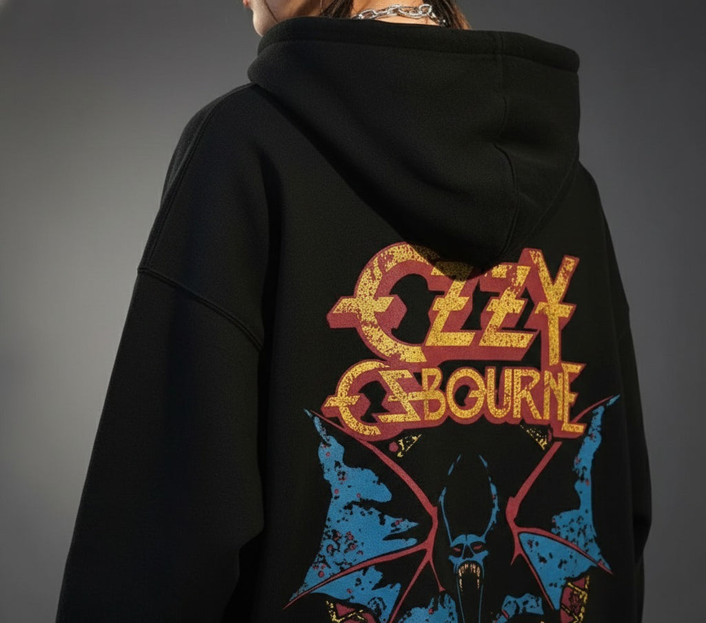 Black hoodie with Ozzy Osbourne logo on the back against a gray background